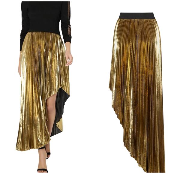 Milly NWT Shenandoah Asymmetric Pleated Lamé Skirt Gold Black Size L Pull-On